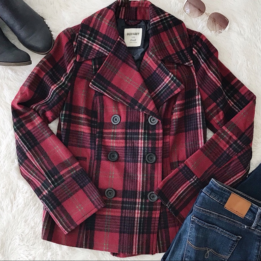 Old Navy red and black plaid pea coat size small. Wool blend